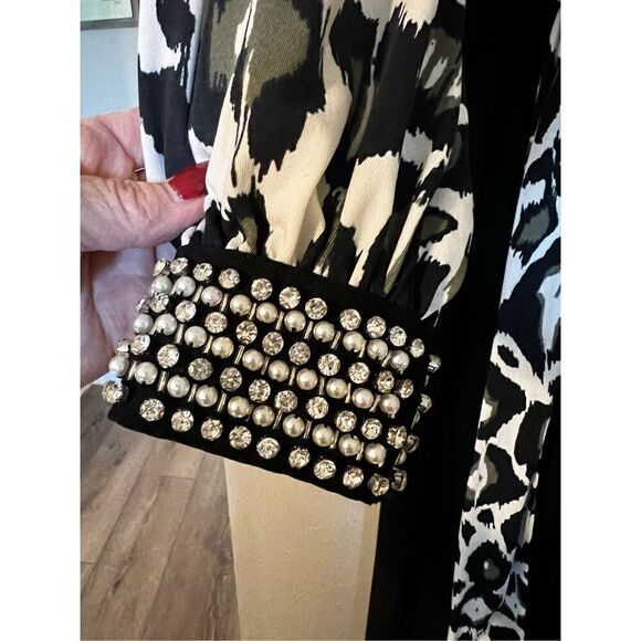 MSK Women’s Size Small Wide Leg Jumpsuit Black White Animal Print Tie Waist - Picture 7 of 12